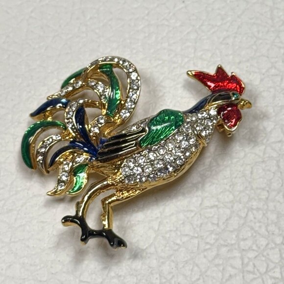 Rooster Chicken Brooch Pin Gold Tone Rhinestones Red Blue Enamel Figural 3D - Picture 3 of 6